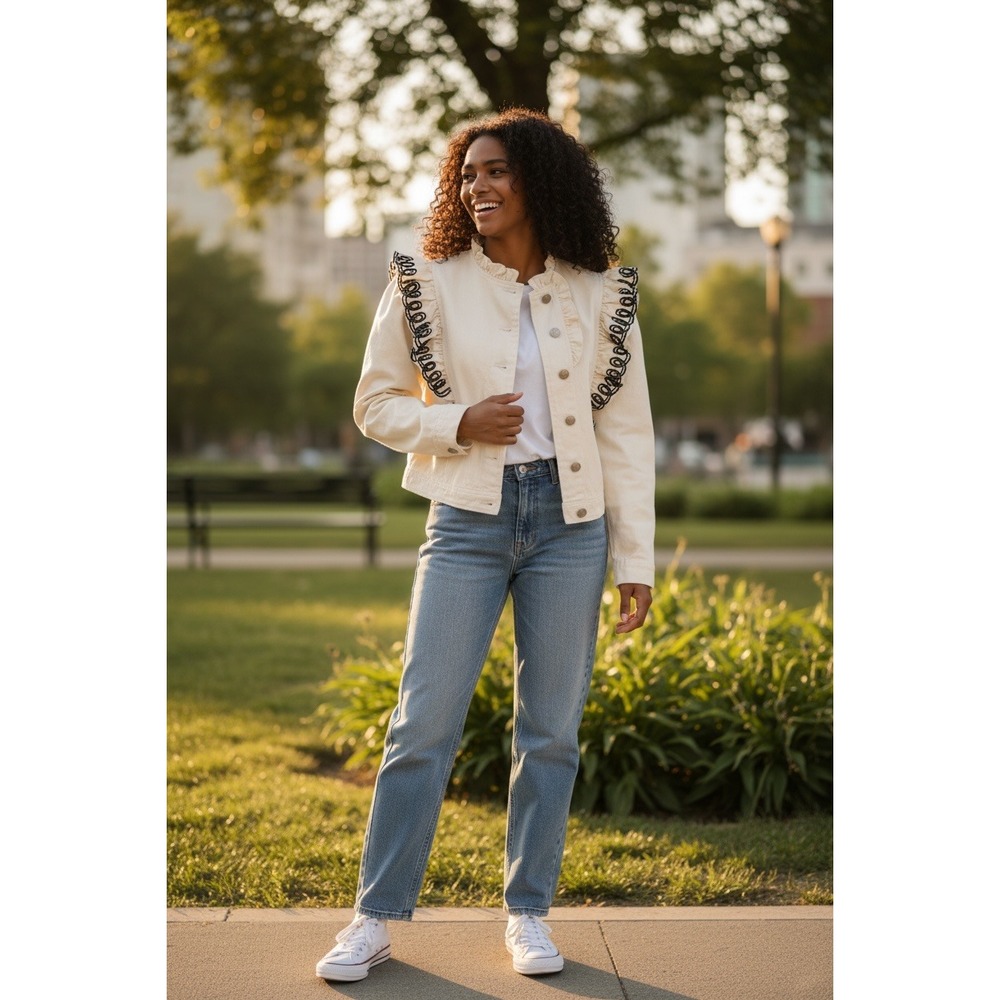 Strut & Bolt Denim Jacket Size Small Cream Ruffle Soutache Black Trim Romantic